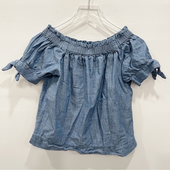 J. Crew Chambray Cotton Tie Sleeve Off The Shoulder Top - Picture 2 of 8